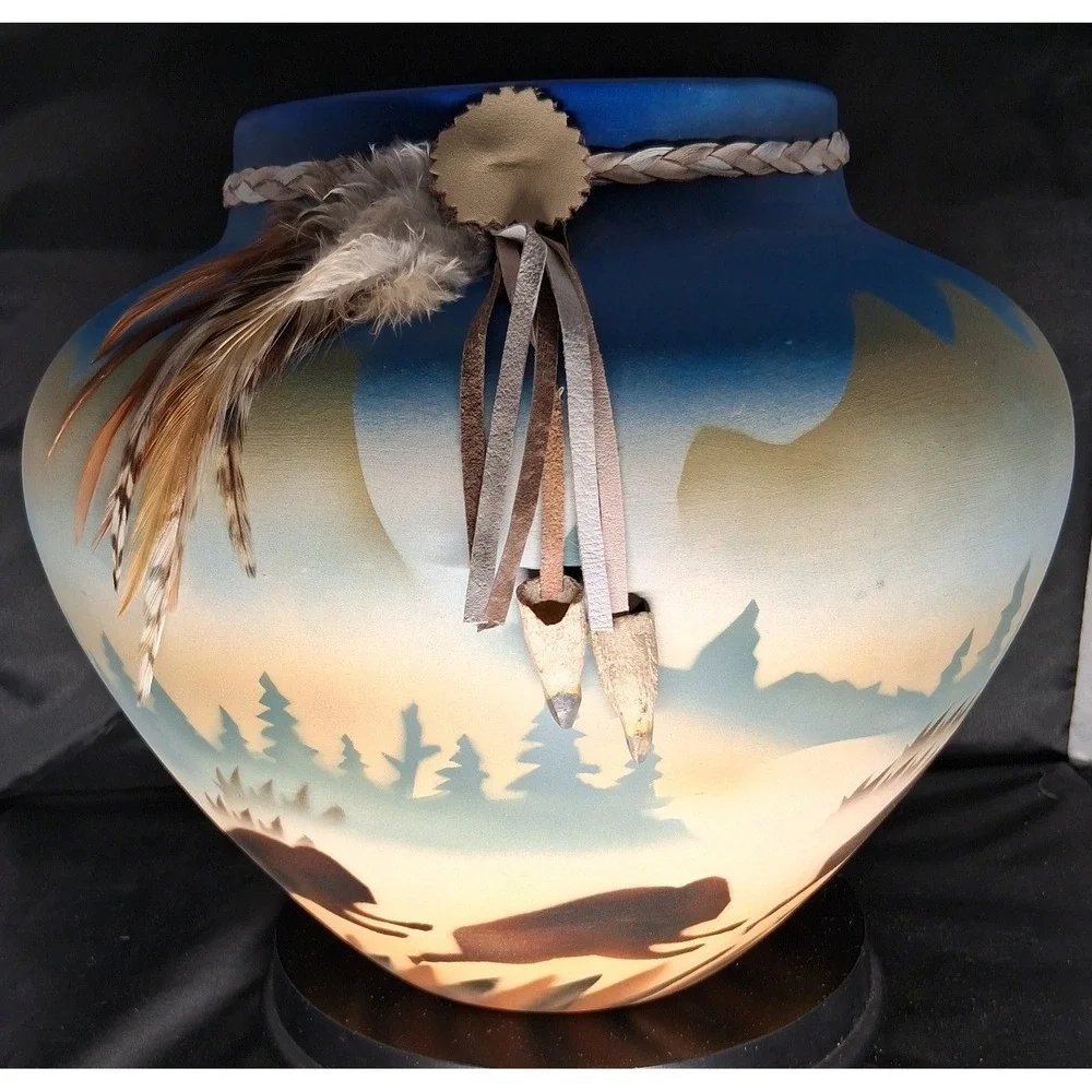 Southwestern Buffalo Pottery Vase Hand Painted Mountain Landscape Feathers 7in